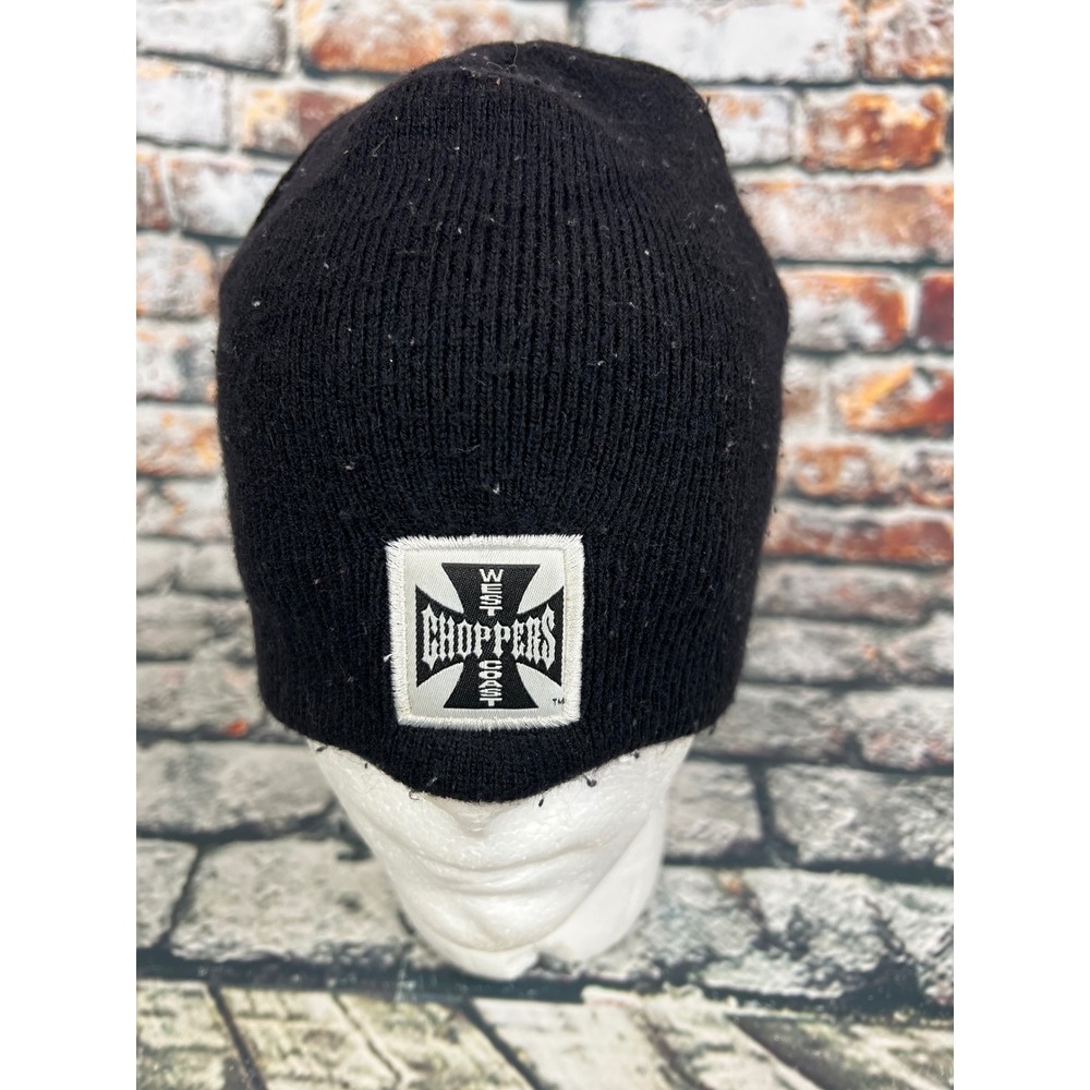 Vtg West Coast Choppers Beanie Black Knit Skull Cap Iron Cross Logo Made in USA
